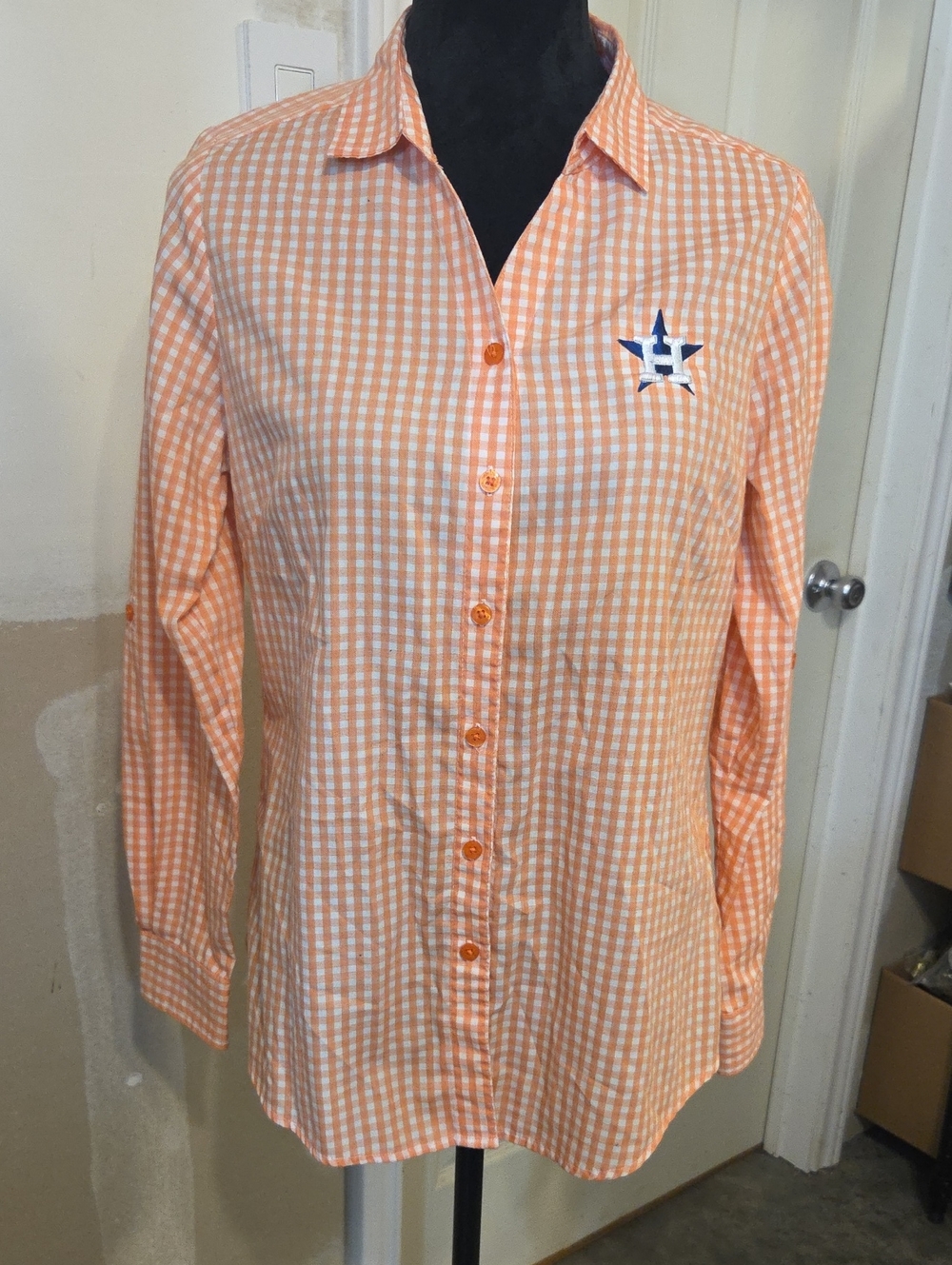 Antigua Houston Astros Button Down Shirt Women's Orange Gingham Star Baseball